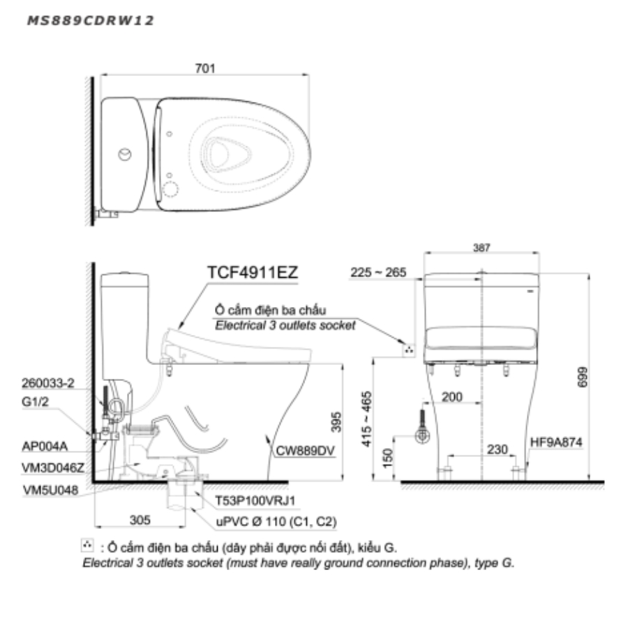 Bản vẽ Bồn Cầu TOTO MS889CDRW12 Một Khối Nắp Điện Tử Washlet S7 TCF4911EZ Giấu Dây