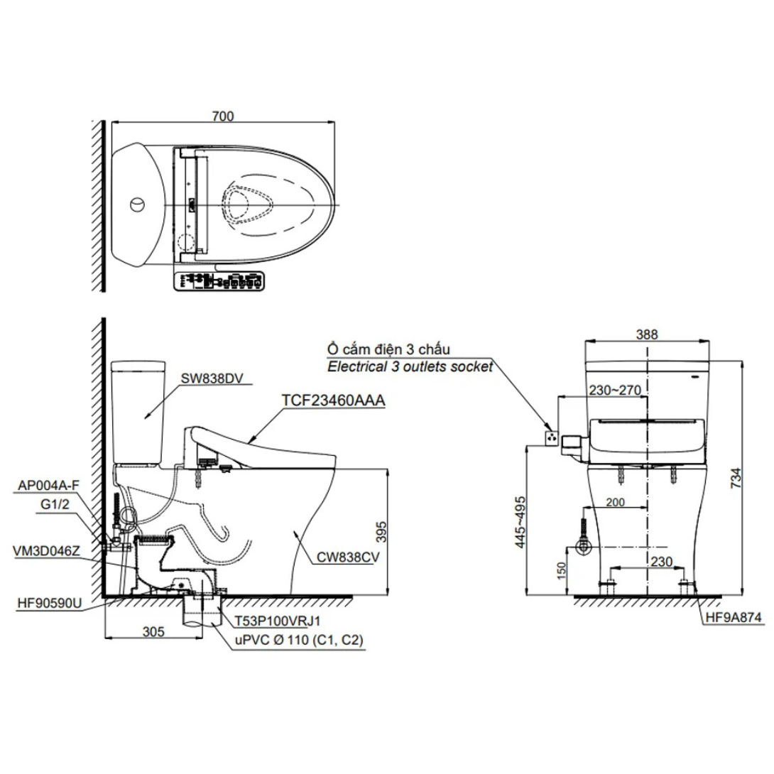 Bồn Cầu Điện Tử TOTO CS838CDW17 Nắp Rửa Washlet TCF23460AAA C2 Giấu Dây