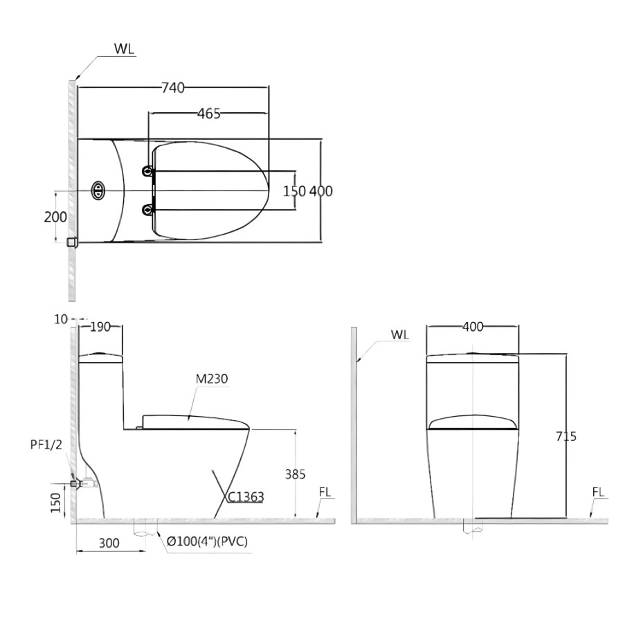 Bản vẽ kích thước bồn cầu Caesar C1363F/TAF060