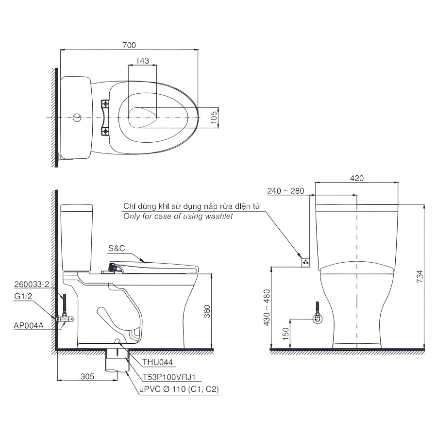 Bản vẽ bồn cầu CS735 nắp rửa cơ TCW07S TOTO