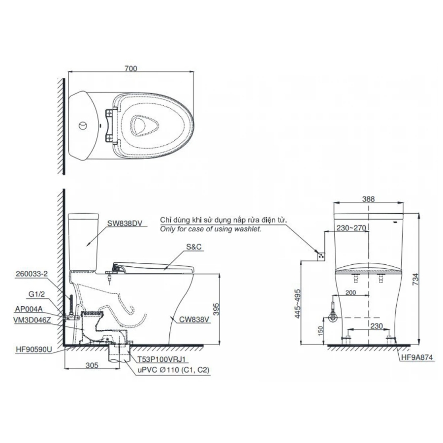 Bản vẽ bồn cầu nắp rửa cơ TOTO CS838E2