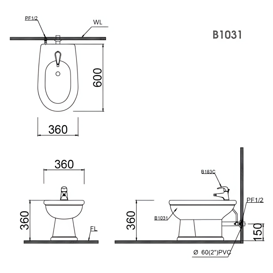 Bản vẽ Bồn Tiểu Nữ CAESAR B1031