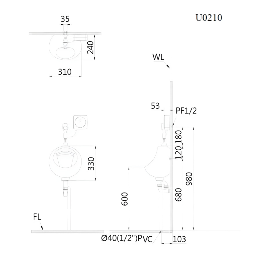 Bản vẽ Bồn Tiểu Nam CAESAR U0210 Treo Tường Xả Thẳng