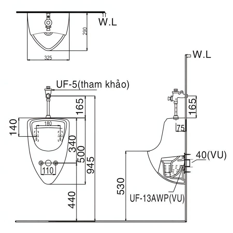 Hình Bồn Tiểu Nam Treo Tường Inax U-440V