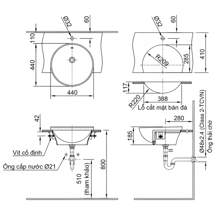 Bản vẽ Chậu Rửa Mặt Lavabo Inax AL-333V (AL333V) Bán Âm AquaCeramic