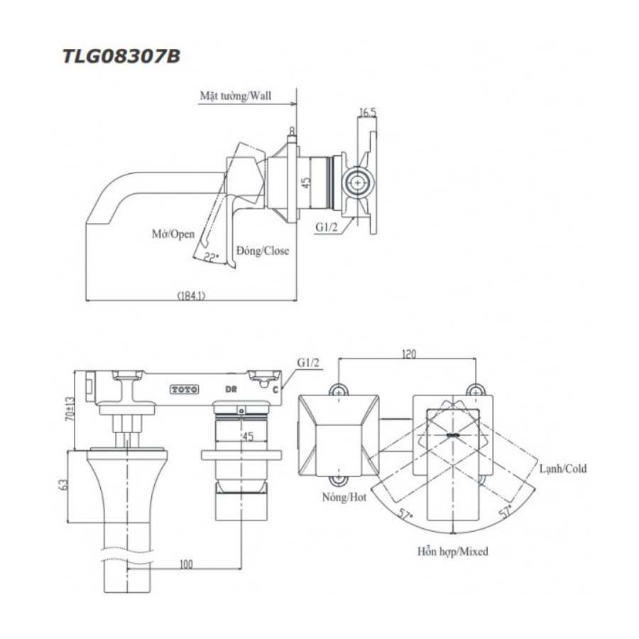 Vòi Lavabo Gắn Tường TOTO TLG08308BA(TLG08308B) Nóng Lạnh 2 chế độ