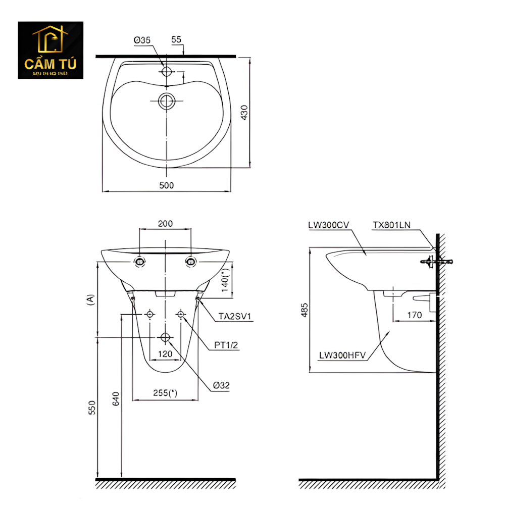 Chậu Lavabo TOTO LHT300CR Treo Tường Chân Ngắn