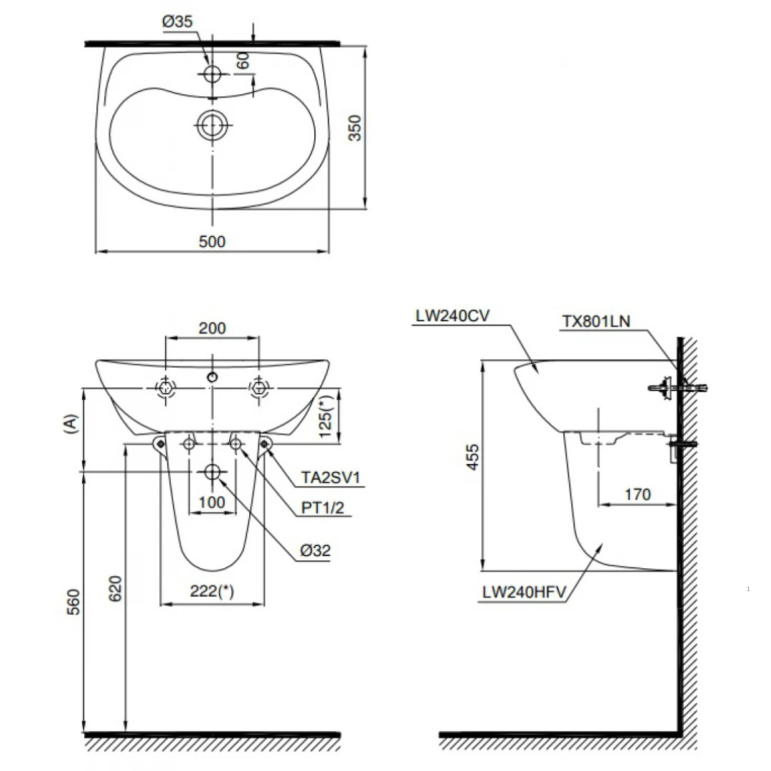 Chậu Rửa Lavabo Treo Tường Chân Lửng TOTO LHT240CS
