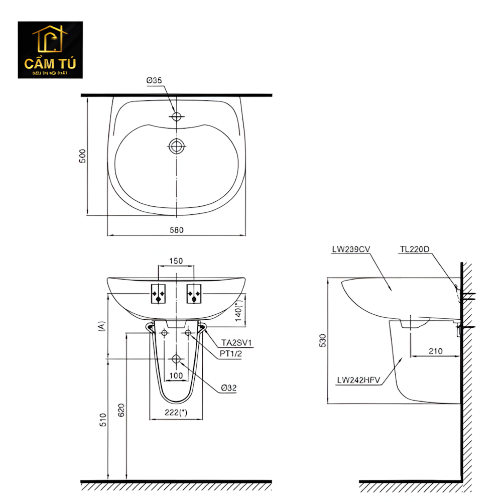 Lavabo TOTO LHT239CR Treo Tường Chân Ngắn