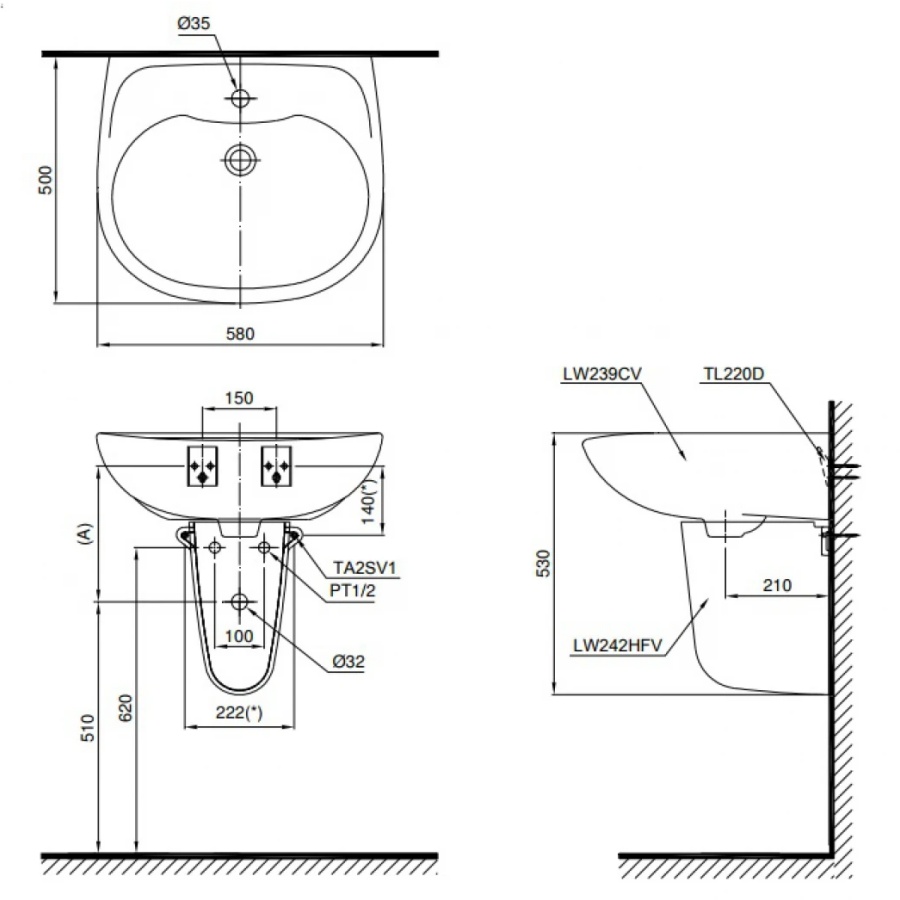 Bản vẽ Lavabo TOTO LHT239CR Treo Tường Chân Ngắn