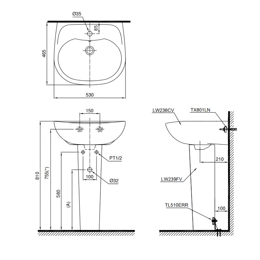 Bản vẽ Chậu Lavabo TOTO LPT236CS Treo Tường Chân Dài