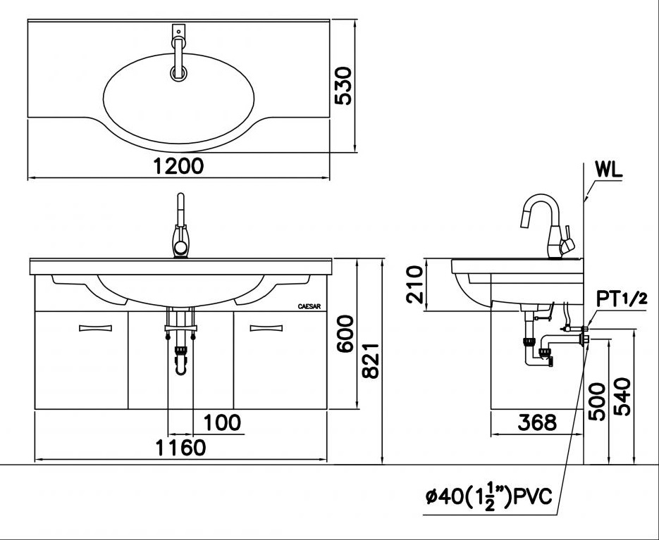 Bản vẽ kĩ thuật lavabo treo tường Caesar LF 5324 EH05324AV