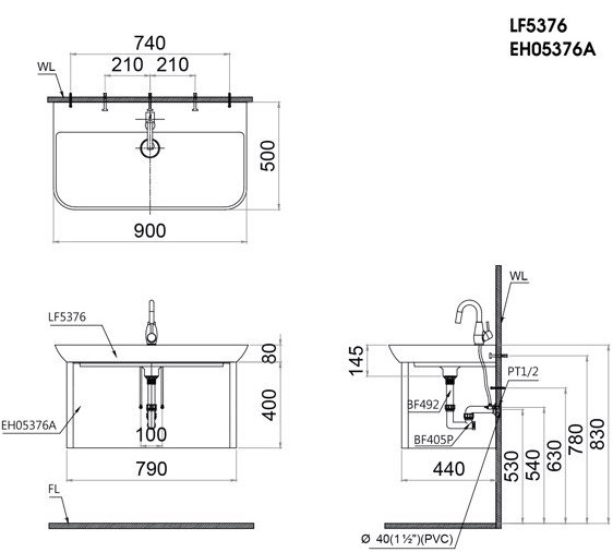 Bản vẽ kỹ thuật Bộ Tủ Lavabo Caesar Treo Tường LF5376/EH05376 A