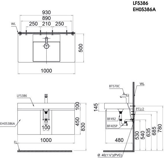 Bản vẽ kỹ thuật tủ lavabo LF5386 EH05386 A