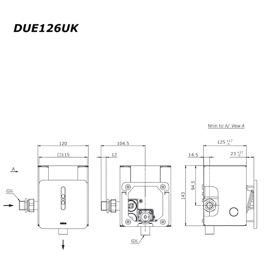 Bản vẽ Van Tiểu Cảm Ứng TOTO DUE126UPEA Điện 220V Âm Tường Xả 0.5 Lít