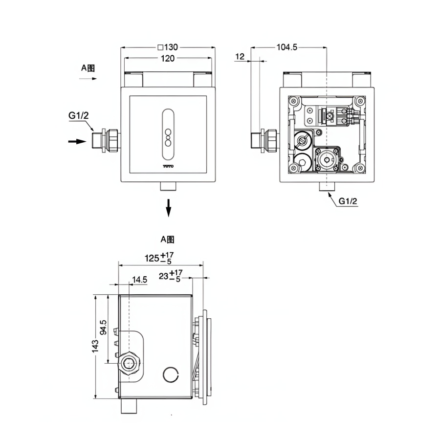Bản vẽ Van Tiểu Cảm Ứng TOTO DUE126UPKA Dùng Pin Âm Tường Xả 0.5 Lít