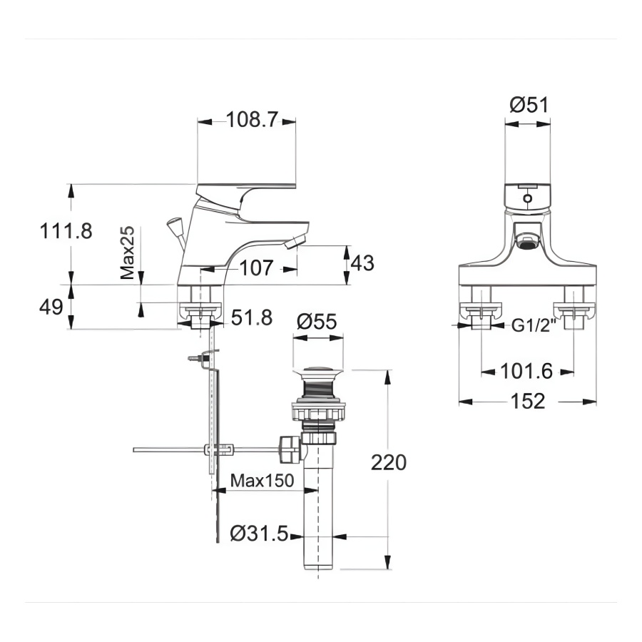 Bản vẽ Vòi Lavabo American Standard Concept WF-1401 (WF1401) Nóng Lạnh
