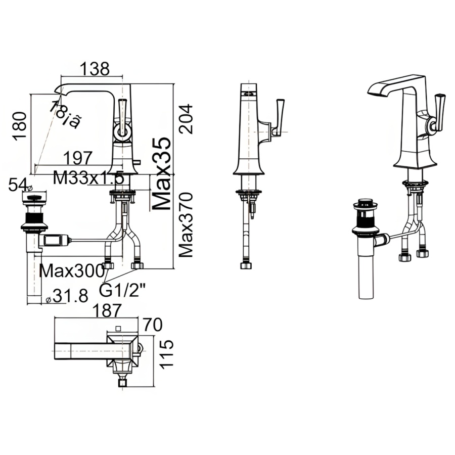 Bản vẽ Vòi Lavabo American Standard WF-1601 (WF1601) Kastello Nóng Lạnh