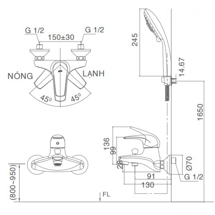 Vòi Sen Nóng Lạnh Inax BFV-3003S-3C Tay Sen Massage