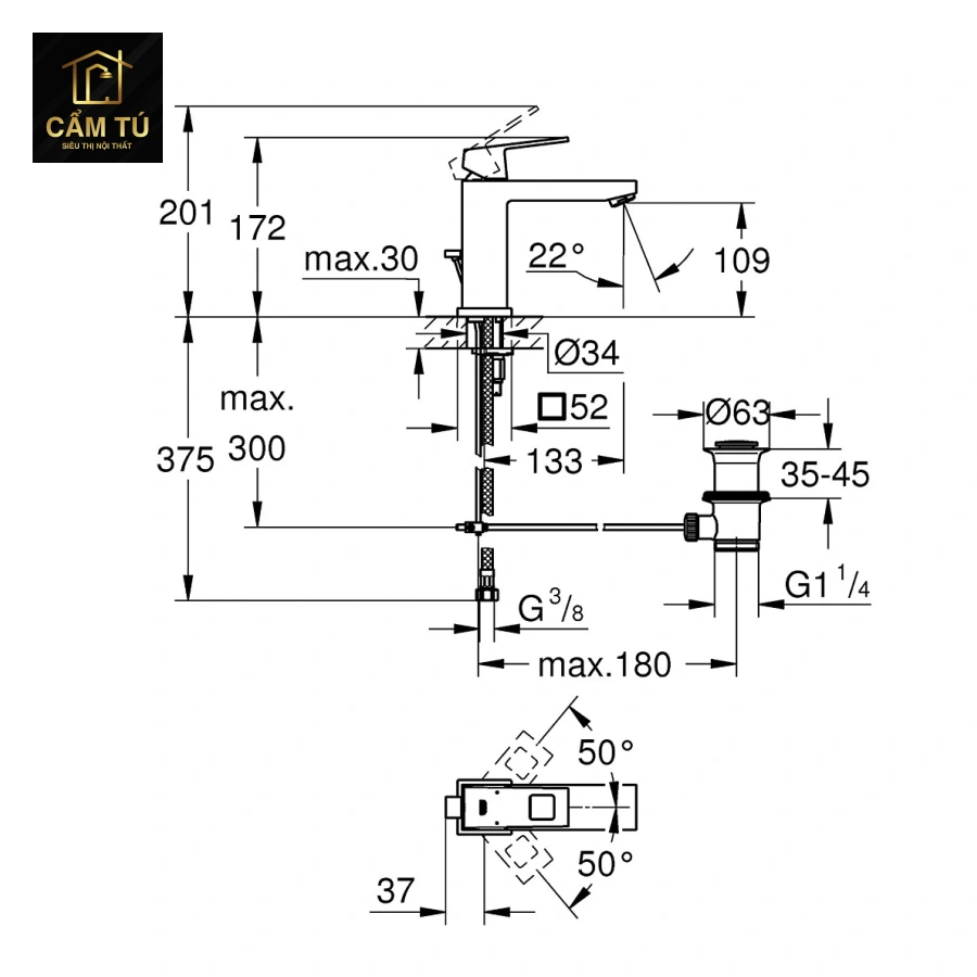 Vòi Lavabo Nóng Lạnh Grohe 23445000 Eurocube M-Size