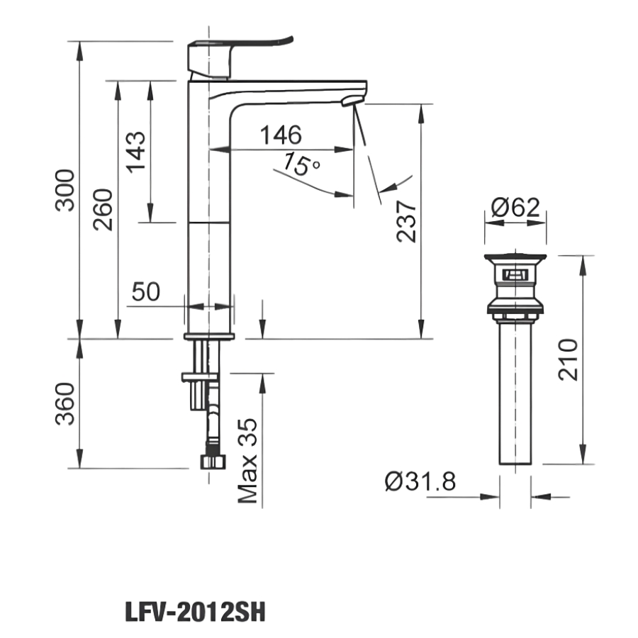 Bản vẽ Vòi Lavabo Nóng Lạnh Inax LFV-2012SH Thân Cao