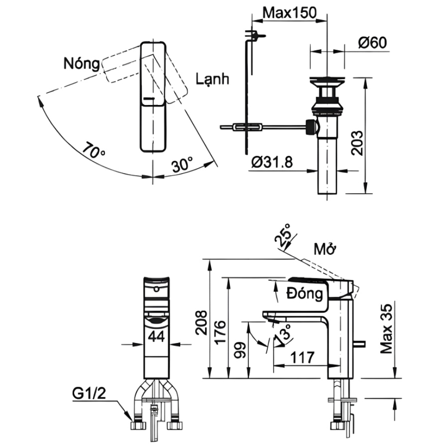 Bản vẽ Vòi Lavabo Nóng Lạnh Inax LFV-5012S Thân Thấp