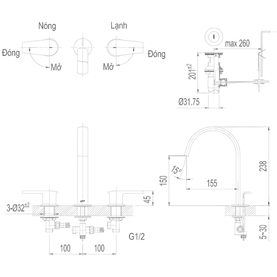 Bản vẽ kỹ thuật vòi lavabo nóng lạnh INAX LFV-7100B