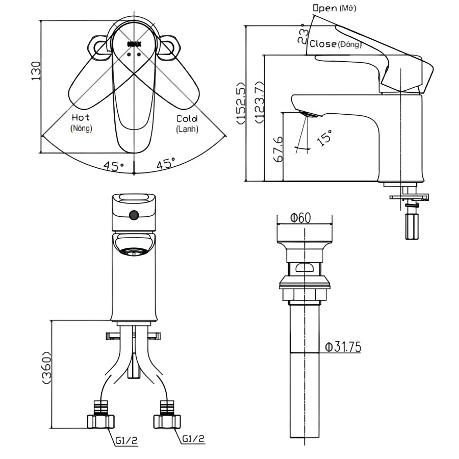 Hình Vòi Lavabo Nóng Lạnh Inax LFV-1112S Thân Thấp