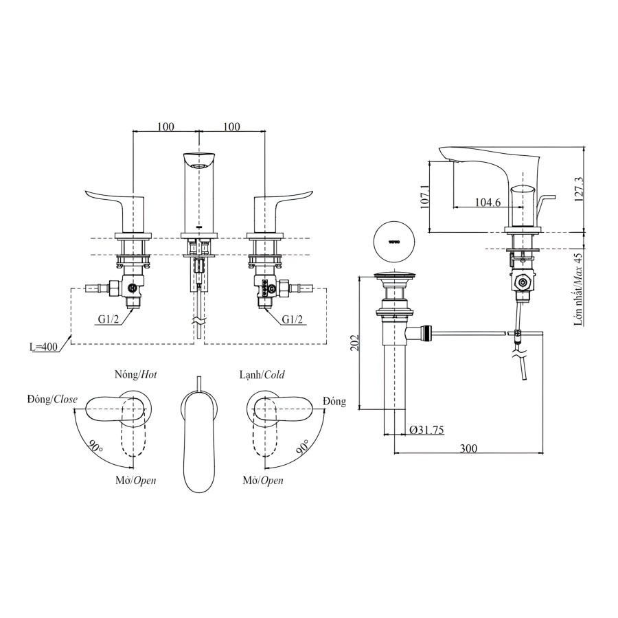 Bản vẽ Vòi Lavabo TOTO TLG01201B 3 Lỗ