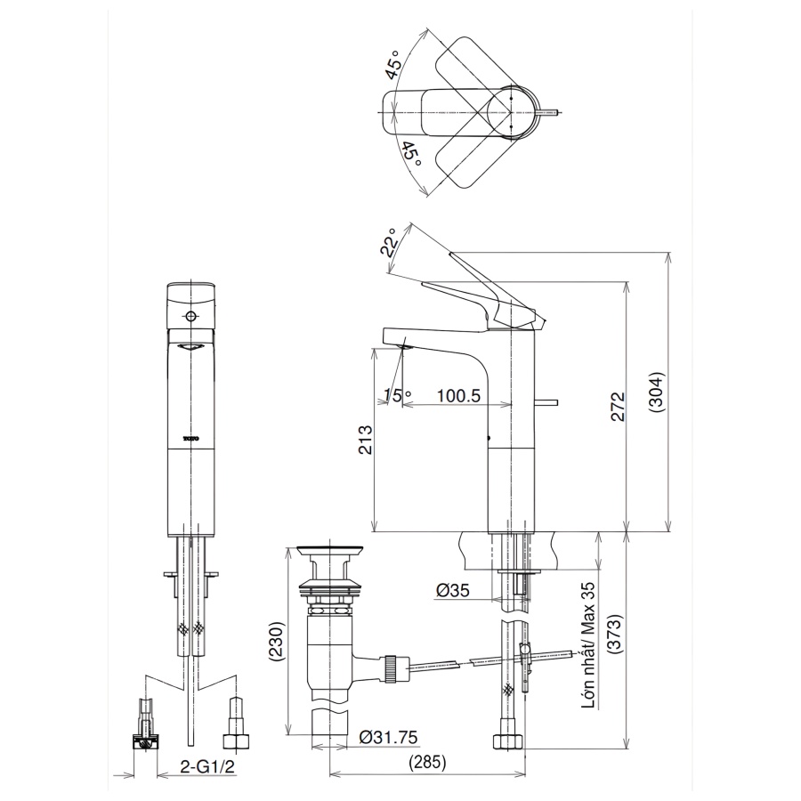 Bản vẽ Vòi Lavabo TOTO TTLR302FV-1 Nóng Lạnh