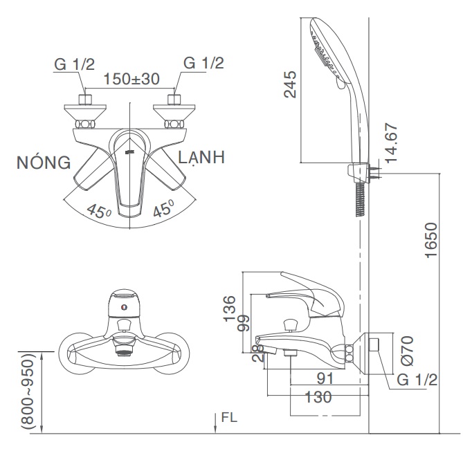 Bản vẽ kỹ thuật Vòi sen tắm nóng lạnh INAX BFV-3003S-3C