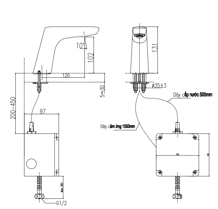 Bản vẽ kỹ thuật vòi nước tự động Inax AMV 50B